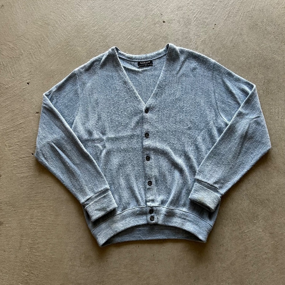 Vintage 70s Van Heusen Cardigan Sweater Size Large Blue USA Made‎ 100% Acrylic